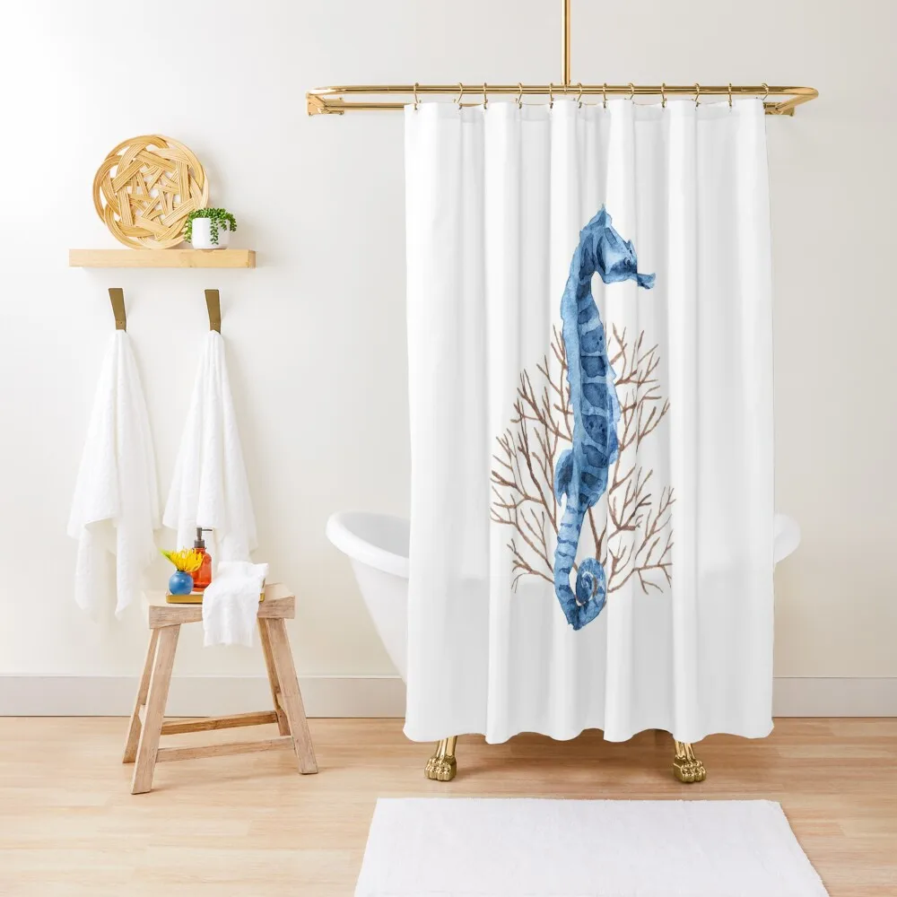 Seahorse and sea coral - Watercolor Shower Curtain Bathroom Shower Bathroom Curtains