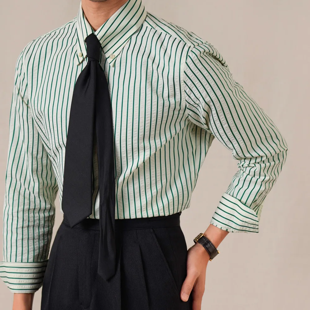 

Итальянская полосатая рубашка для мужчин, дышащая деловая повседневная рубашка из смесового хлопка, рубашка из модальной пузырчатой пряжи, мужская рубашка, Camiseta Masculina