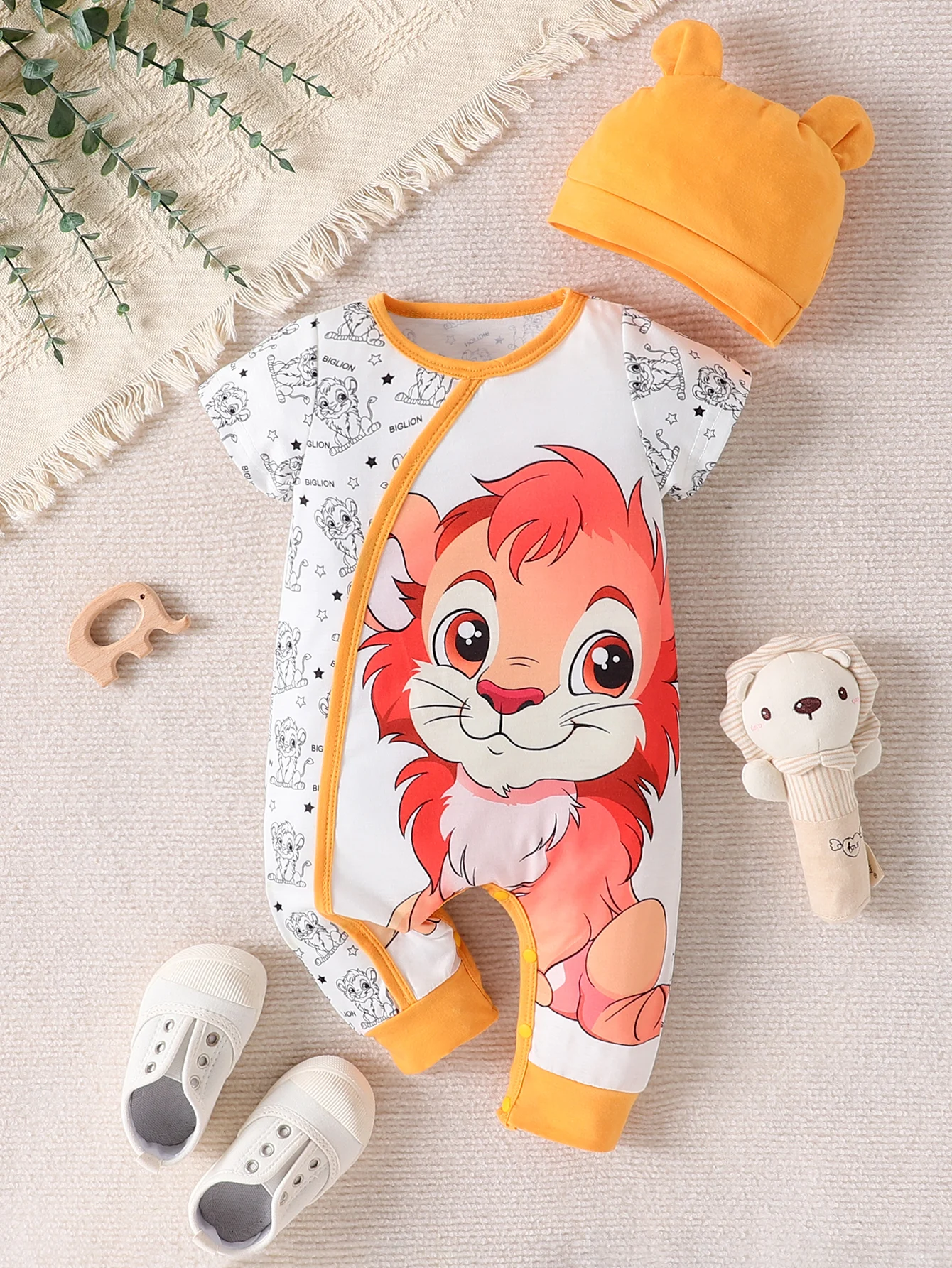 Adorable Baby Boys Lion Letter Printing Baby Jumpsuit Romper with Matching Hat