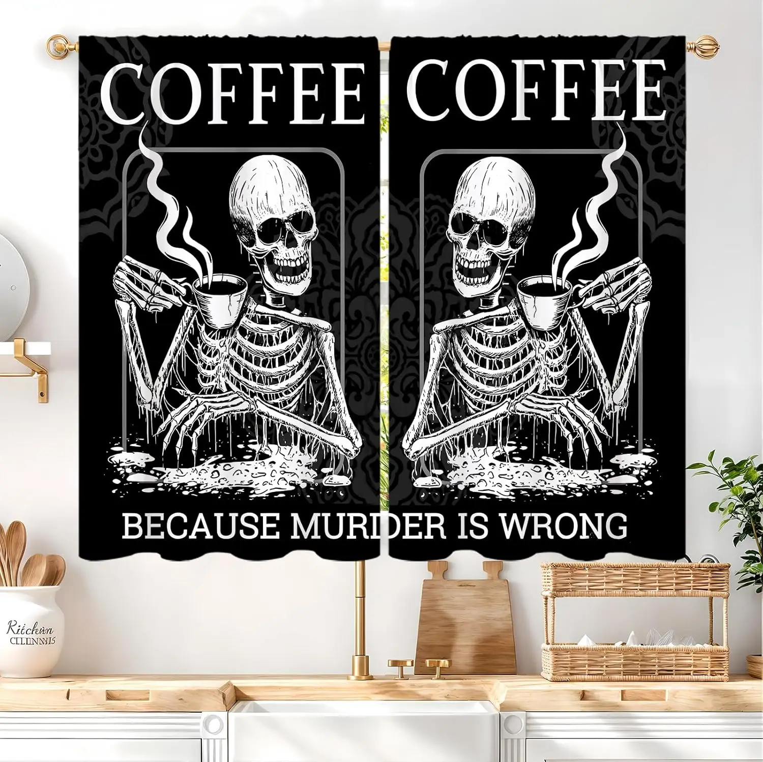 Skull Halloween Funny Skeleton Coffee Curtains 2 Panels Vintage Retro Black Goth Kitchen Small Short Cafe Tier Curtains Fun