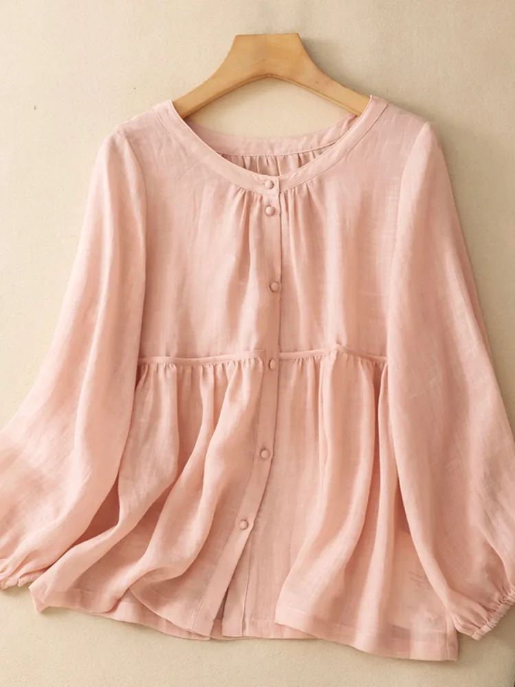 

Sweet Japanese Style Pink Linen Sun Protection Shirt Women's Summer Lightweight Breathable Cotton Linen Lantern Sleeve Doll Top