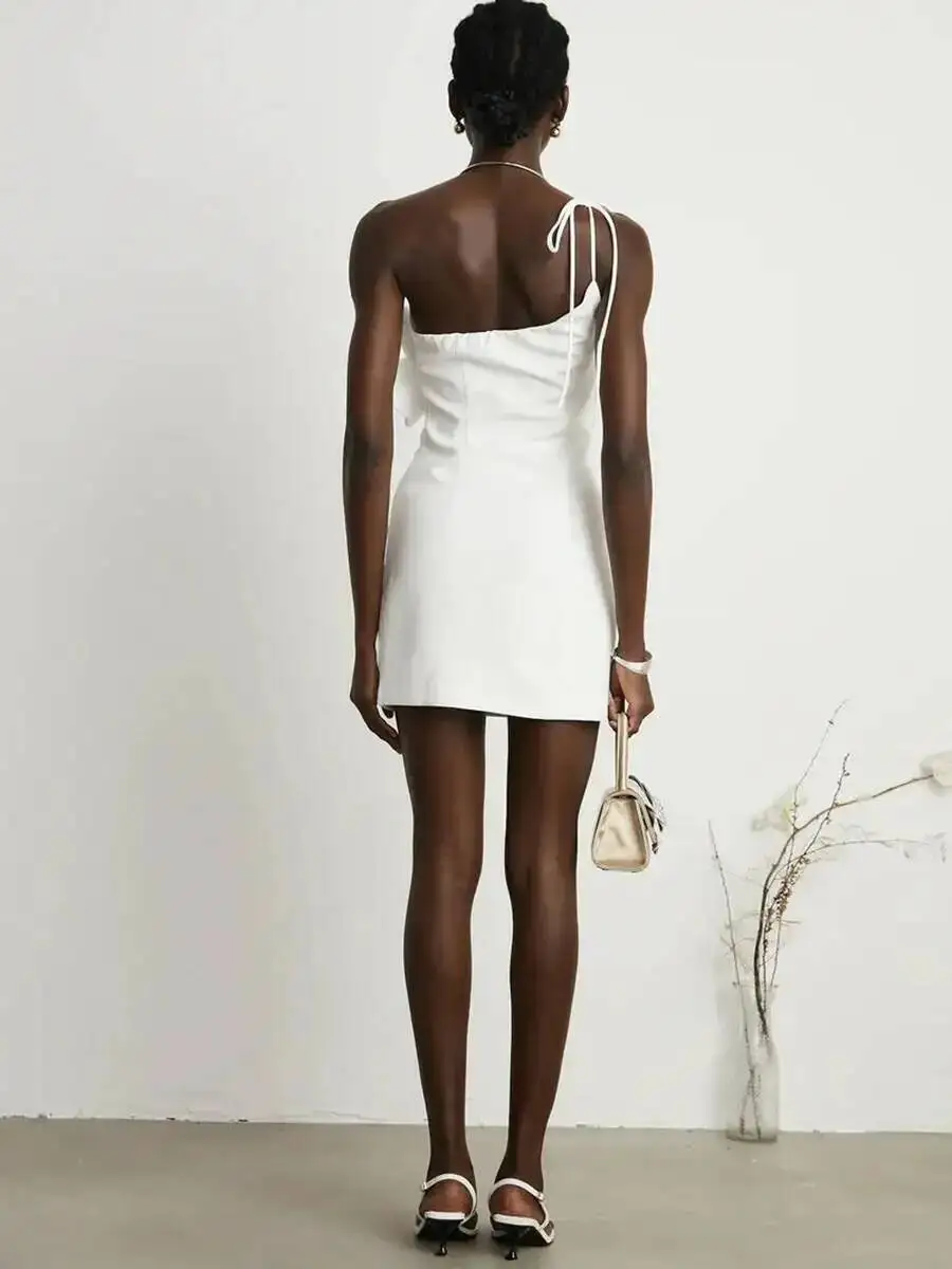 Patchwork Appliques Mini Dresses For Women Diagonal Collar Sleevelss Spliced Lace Up High Waist Dresses Female New VTL2