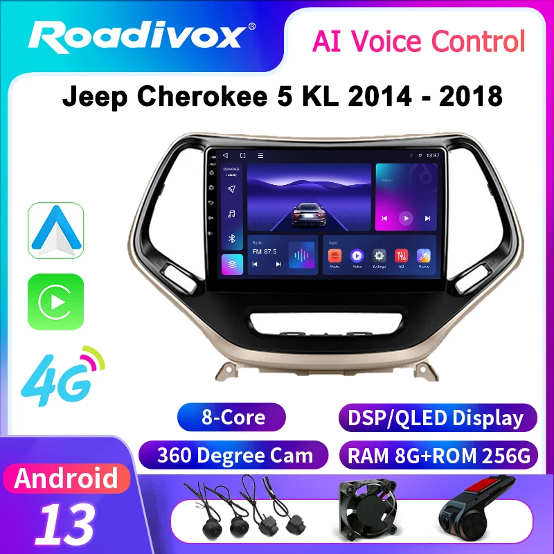 roadivox Android Car Radio for Jeep Cherokee 5 KL 2014 - 2018 GPS Navigation Video Stereo Screen Multimedia Player Carplay