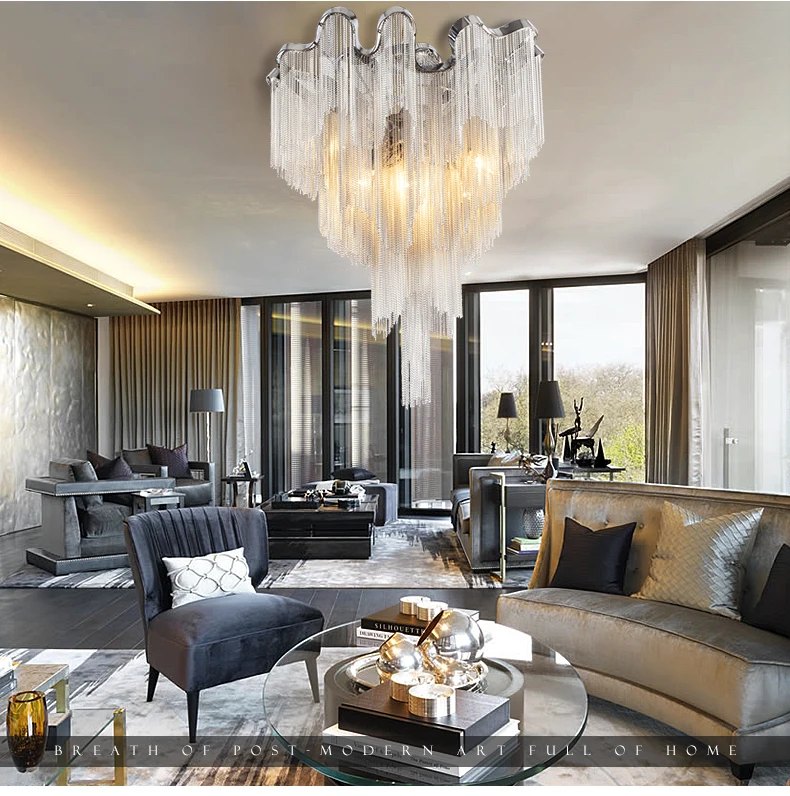 Modern French Empire Chain Chandelier Light Fitting Aluminum Silver Chain Pendant Lamp for Living Room Dining Room Foyer Foyer