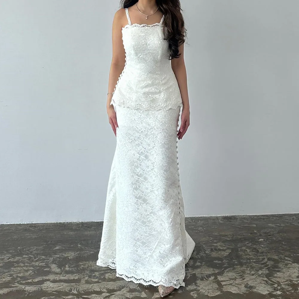 

Customized A-line Evening Dresses Floor-length Spaghetti Strap Sleeveless Prom Gown Simple Fashion Button Lace Draped Party Gown