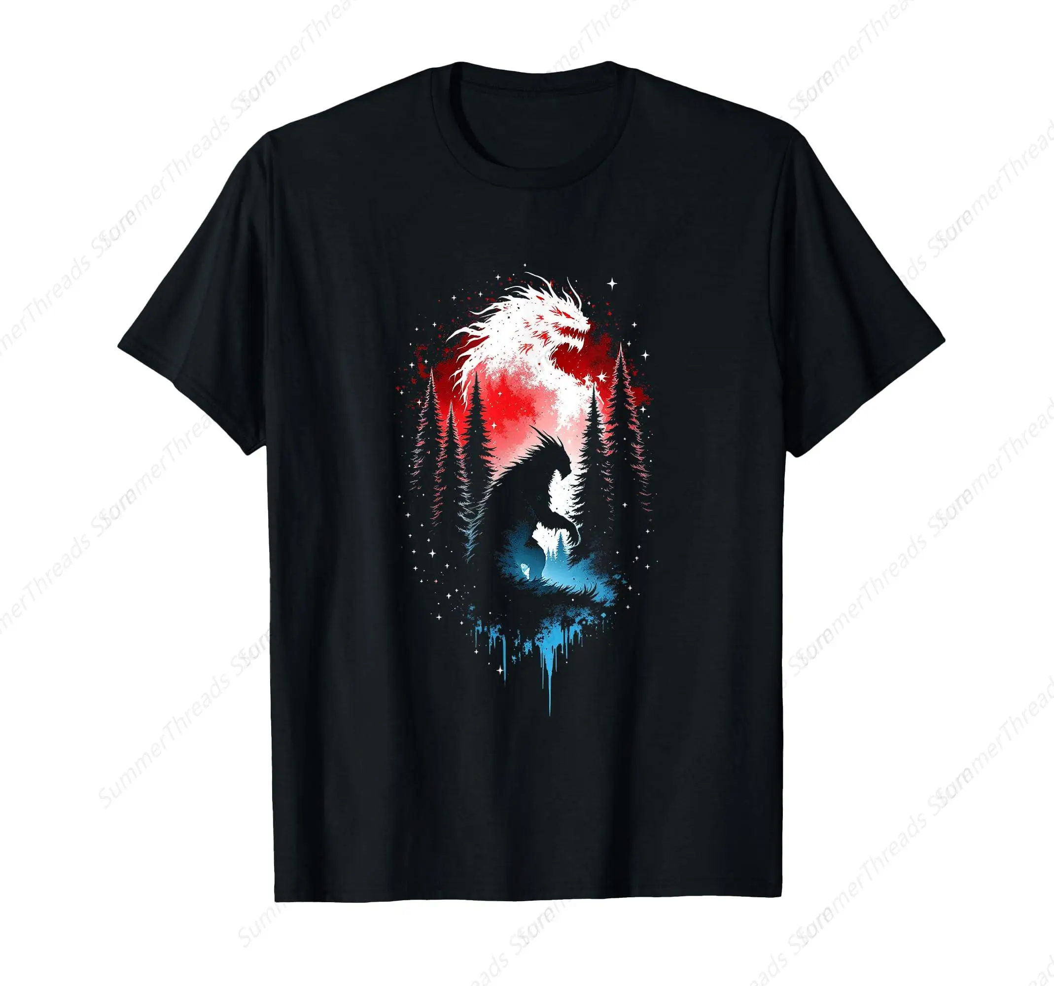 Artistic Silhouette T-Shirt Men's T - shirt with Fantasy & Forest Print, Cool Dragon Graphic Tee for Casual Wear
