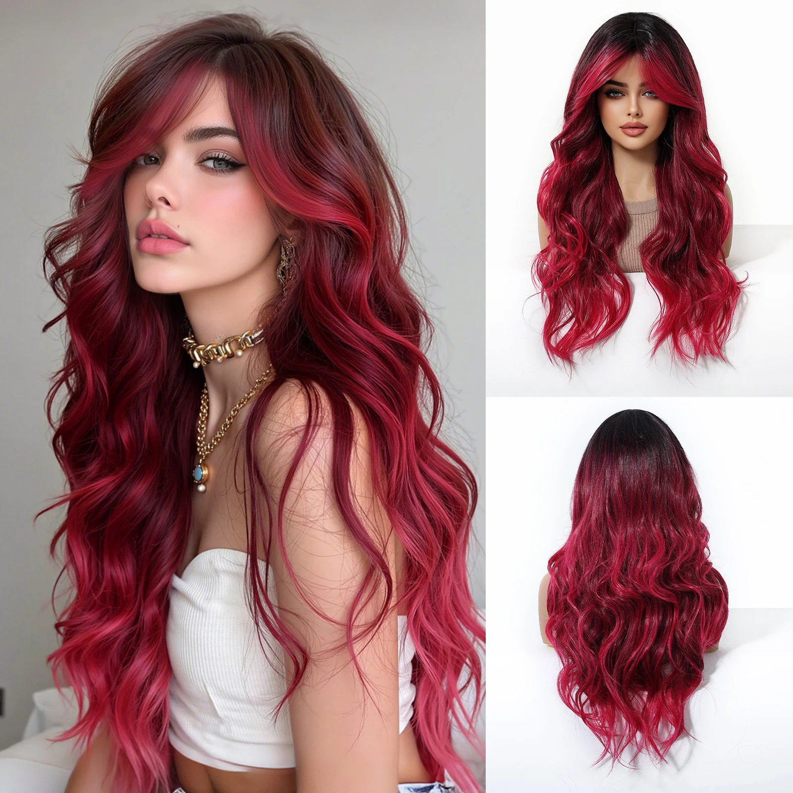 

HENRY MARGU Long Synthetic Natural Wavy Black with Red Wigs with Bangs Cosplay Party Lolita Wigs for Women Heat Resistant Fiber