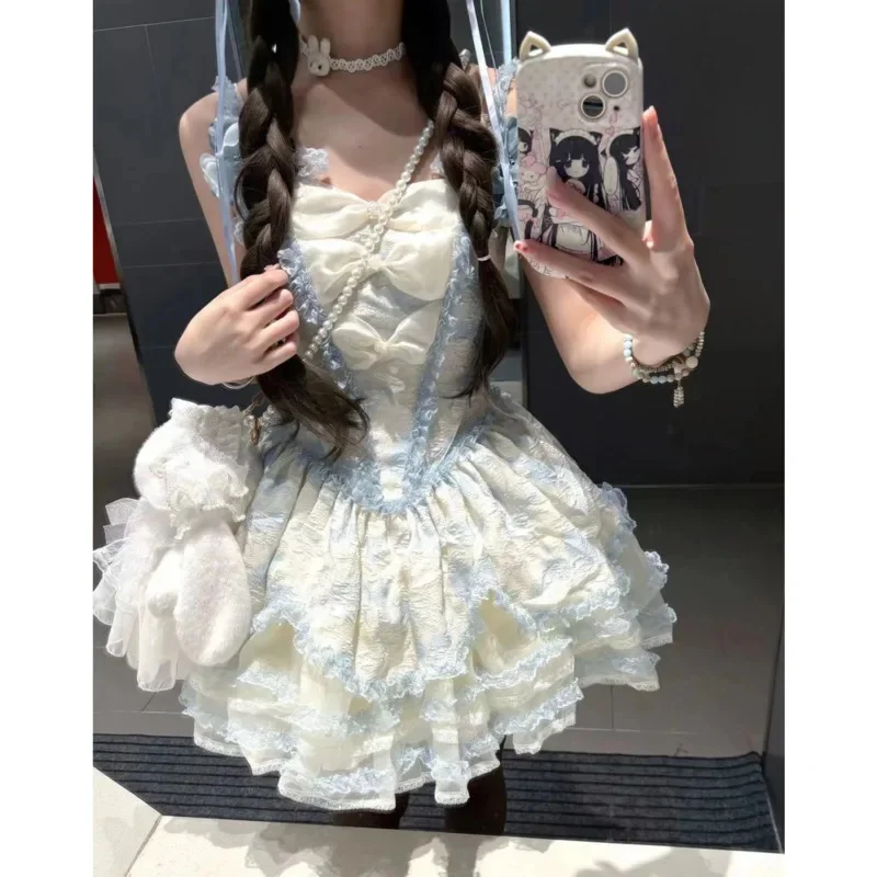 

Y2K Bow Dresses Jasmine Blue Kawaii Lolita Ruffle Short Sleeve Fairycore Princess Party Outfit Sweet Vintage A-line Dress Girls