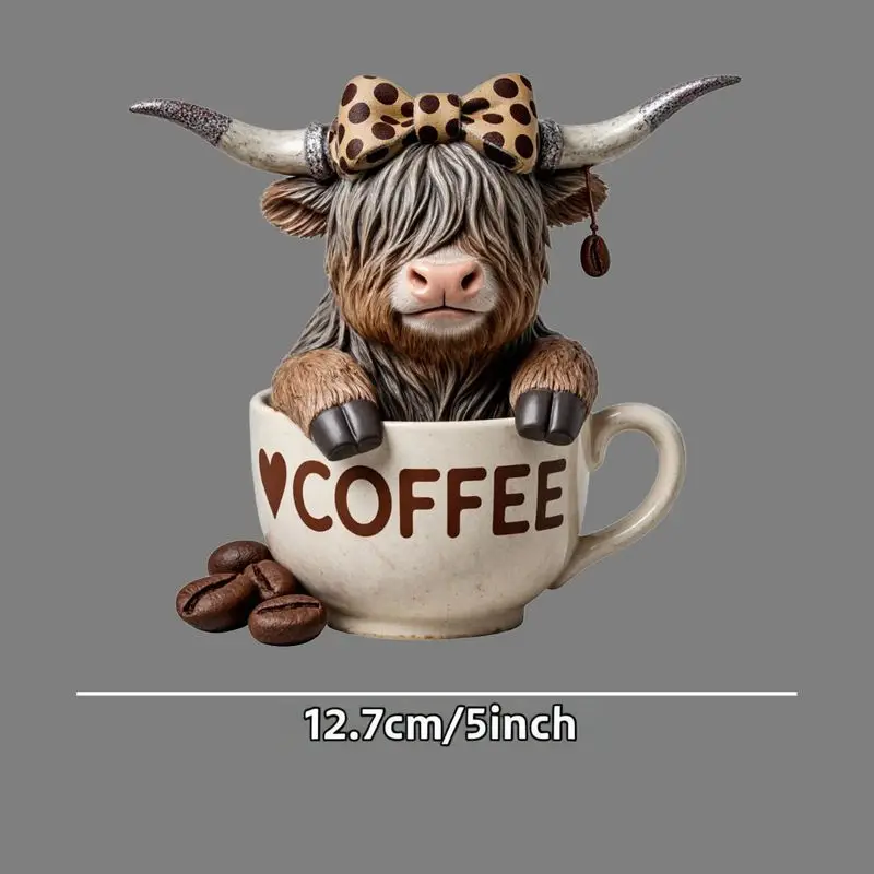 1pc Car Vinyl Decal - Whimsical Highland Cow Figurine in Coffee Cup, Realistic Coffee Beans, Bold 'COFFEE' Print with Heart