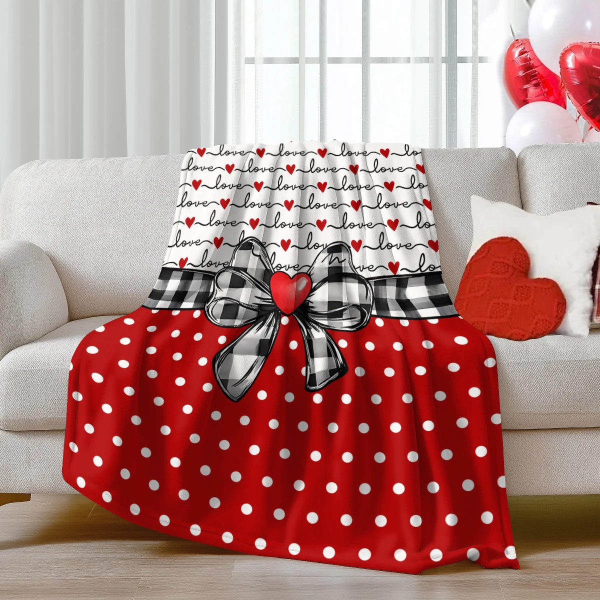 1-teilige Valentinstagsdecke, superweiche und bequeme Nickerchendecke, romantische Flanelldecke mit Schleife und Herzmuster, Bettdecke