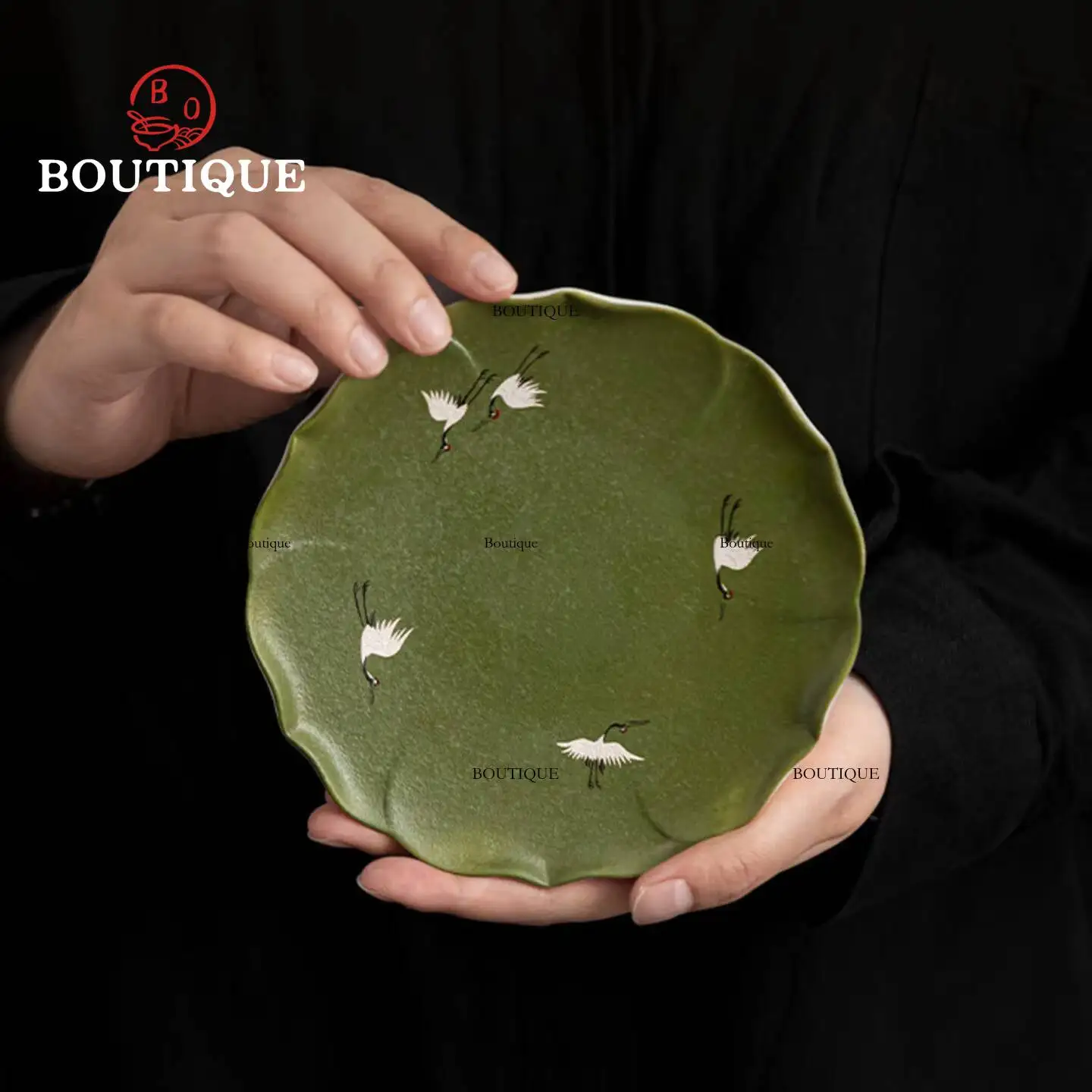 Hand-Painted Crane Ceramic Plate Ceramic Pretty Dish Porcelain Tray Fruit Plate Gong Dao Bei Tea Supplies Trivet Kettle Stand