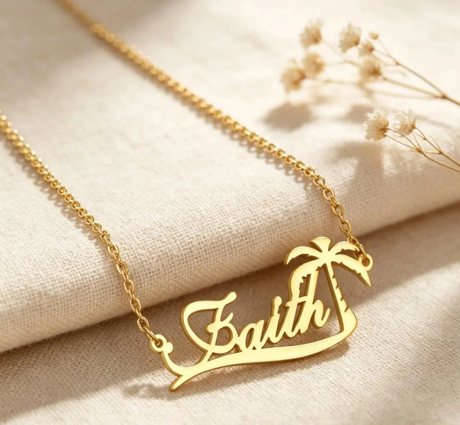 Personalized Palm Tree Custom Name Necklace Engraved Script Name Pendant Gold Color Tropical Beach Birthday Gift For Her