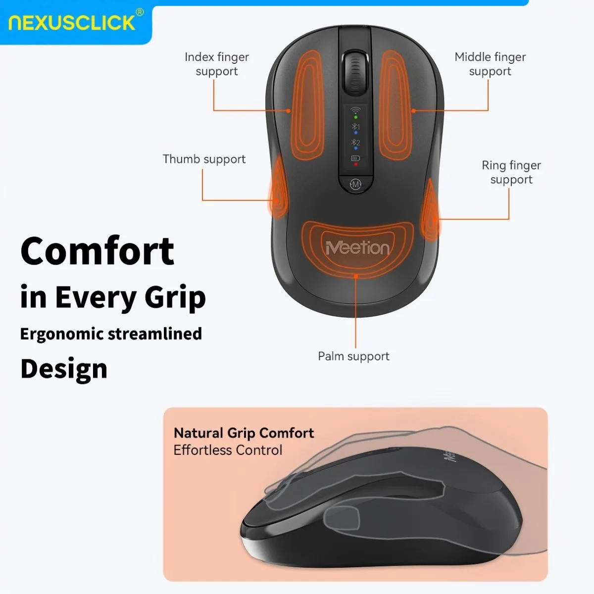 NexusClick Mute Click Wireless Mouse,Rechargeable/Battery,Dual Mode(2.4G+BT), Ergonomic Adjustable DPI,Portable for Laptop Home