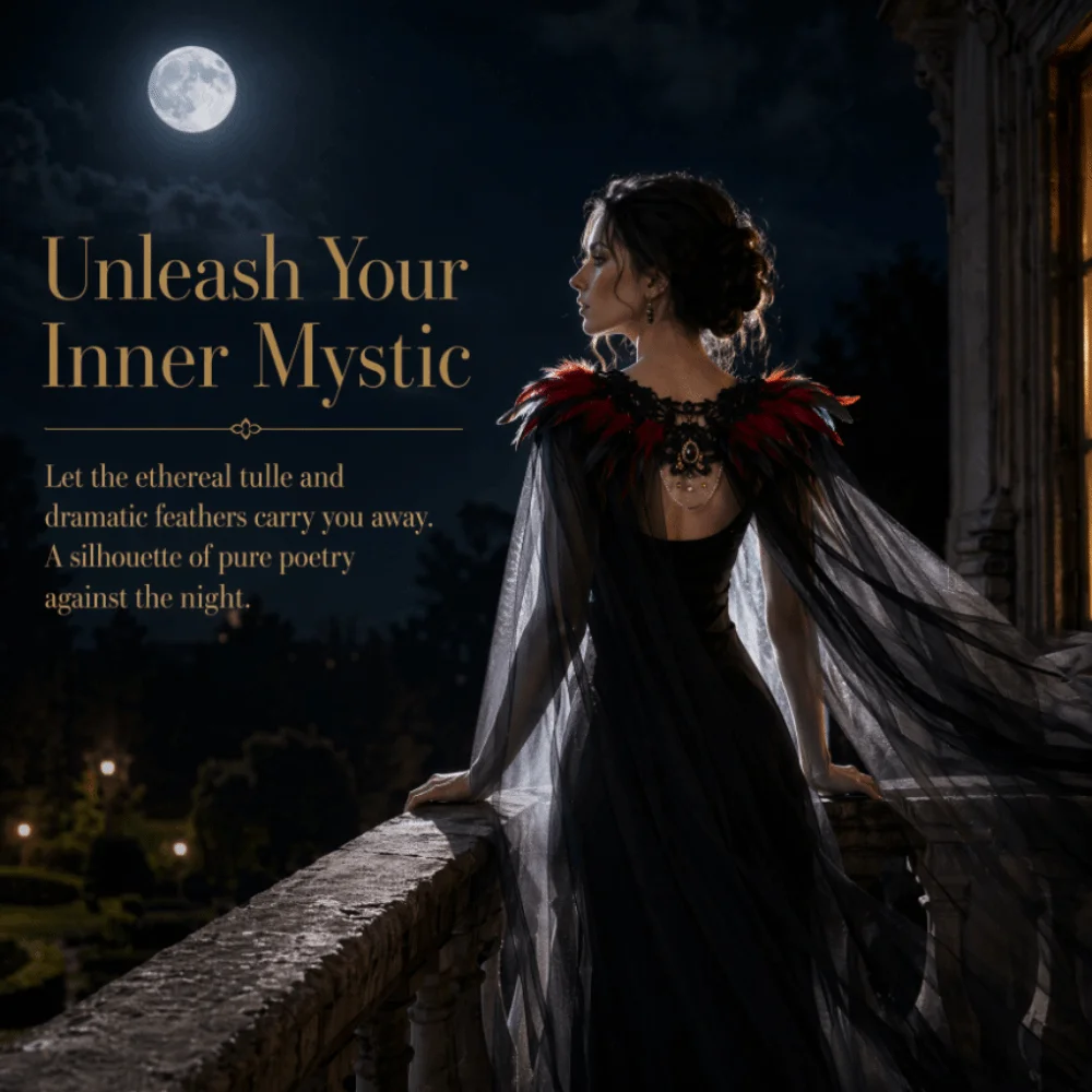 Black Halloween Feather Cloak Fur Collar Elegant Hollow Lace Mesh Cape Flowing Mesh Fringe Festival Costume Cape Dance Cloaks