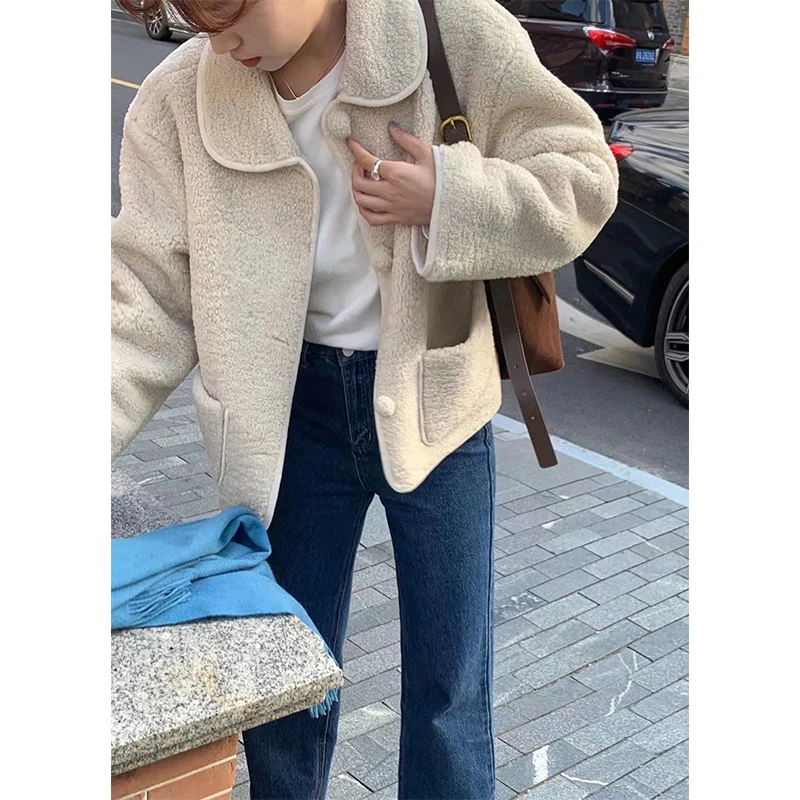 MEXZT Vintage Płaszcz z Wełny Jagnięcej Damski Krótki Kieszenie Puszysta Kurtka Zimowa Streetwear Koreański Długi Rękaw Futrzana Krótka Odzież Wierzchnia Nowa