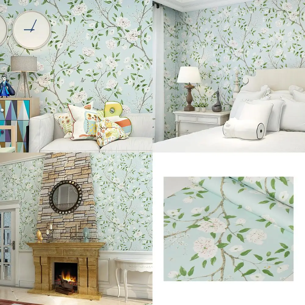 

Обои в пасторальном стиле в американском стиле, зеленые свежие художественные светло-голубые обои для спальни, гостиной, ТВ-фона