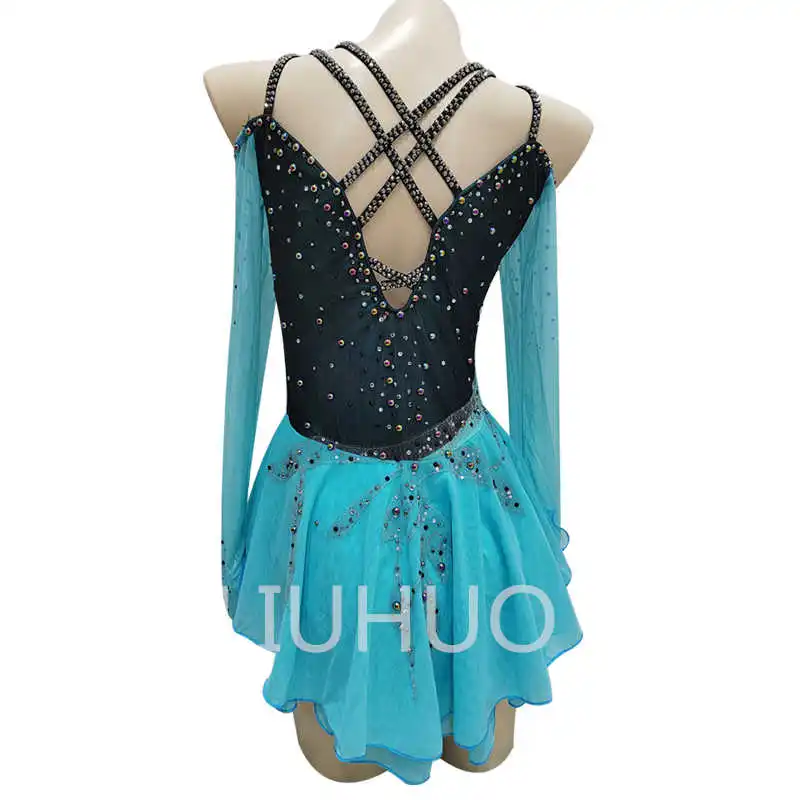 Figure Skating Dress Strap Round Neck Blue Diamond Gradual Change Long Sleeve Hook Finger Girls Performance Competition