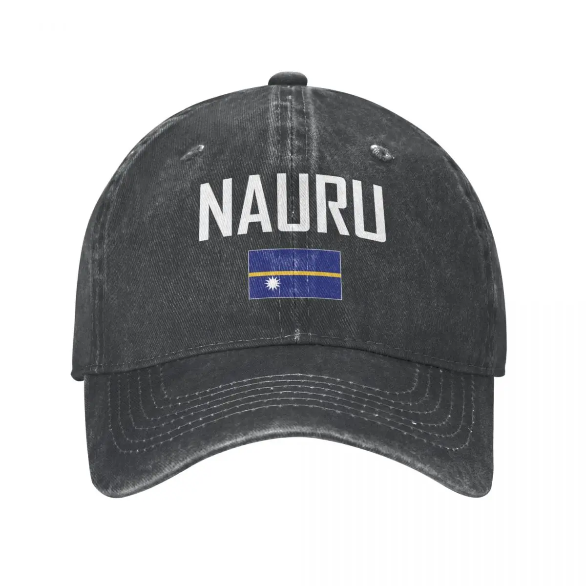 Men Baseball Cap NAURU Flag And Font Charcoal Washed Denim Classic Vintage Cotton Dad Trucker Hat Unisex Adult