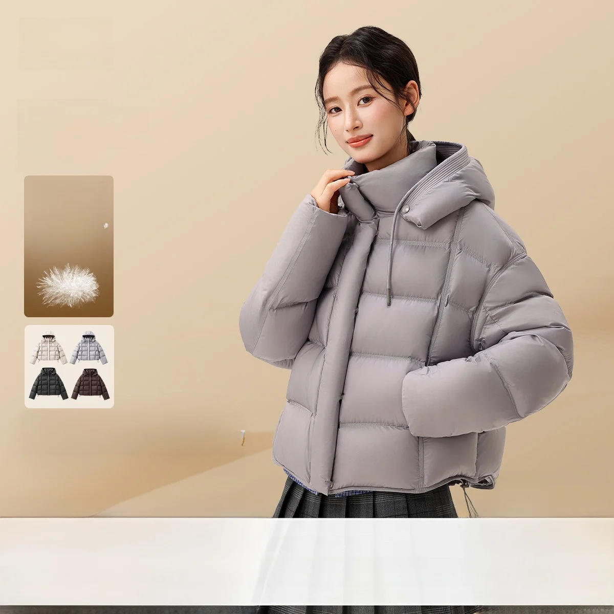 

Snow Flying Puffa Jacket Women's Short Hat 90 Duck down Padded Coat Loose Fit City Casual Long Sleeve Thickened Winter Outerwear