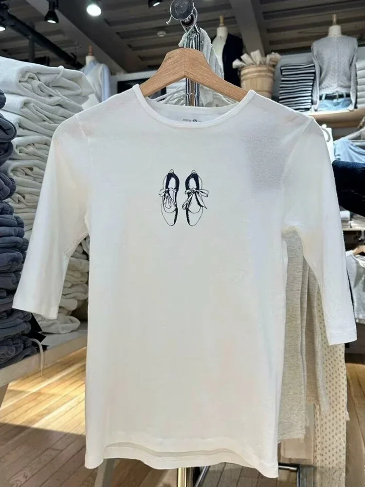 Ballet Shoes Print T-shirt Woman Autumn Sweet Cute Preppy Style Shirt Female Round Neck Slim Tee Cotton Crop Half Sleeve Top Y2k