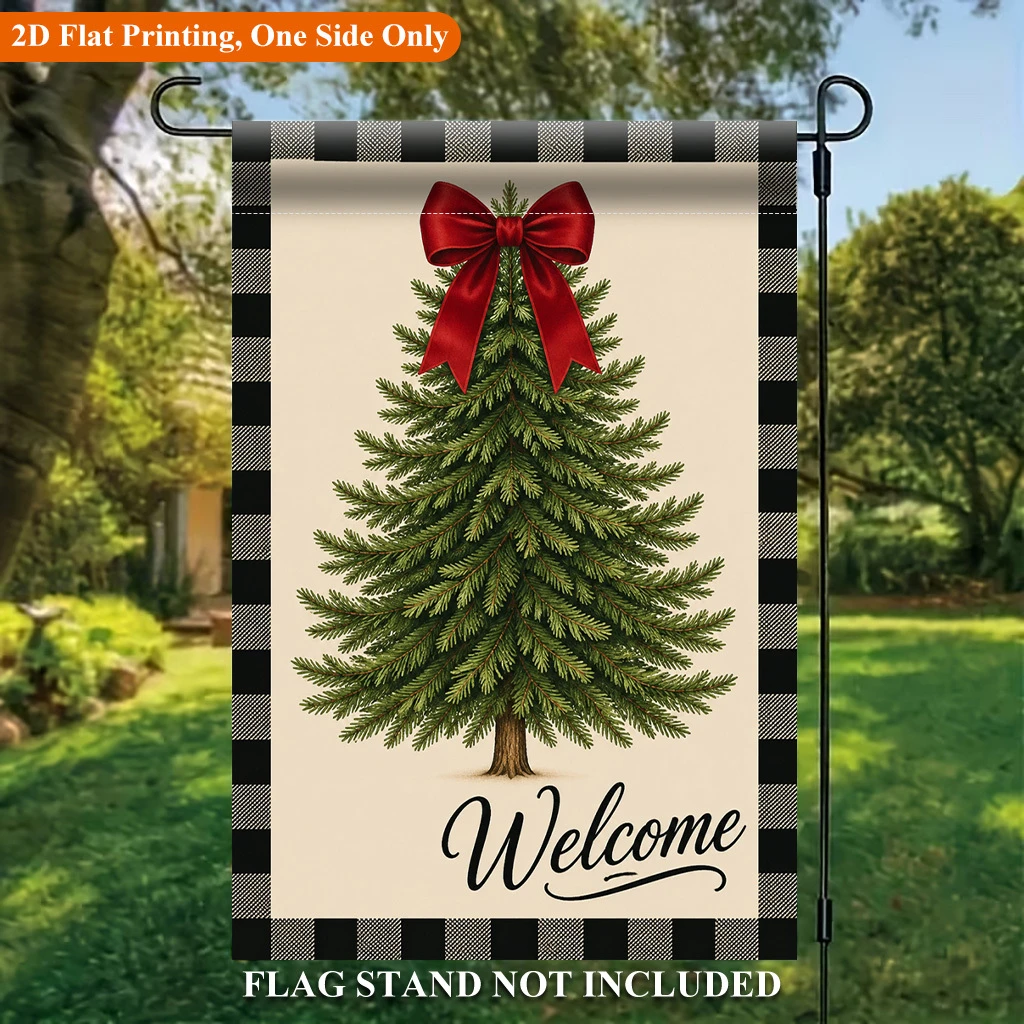 1pcs Christmas Tree Welcome Garden Flag Buffalo Plaid Border Holiday Outdoor Yard Decor