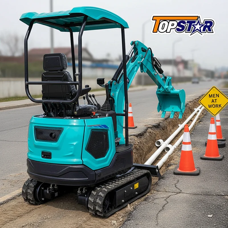 Multifunctional Mini Excavator 1.3 Ton Diesel-Powered Small Digger with Rake Attachment for Garden Leveling