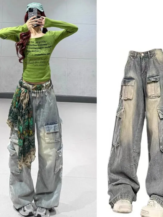 

plus Size American Retro Washed Denim Wide Leg Jeans Women's Loose Slim Straight Pants High Waist Casual Style No Brand