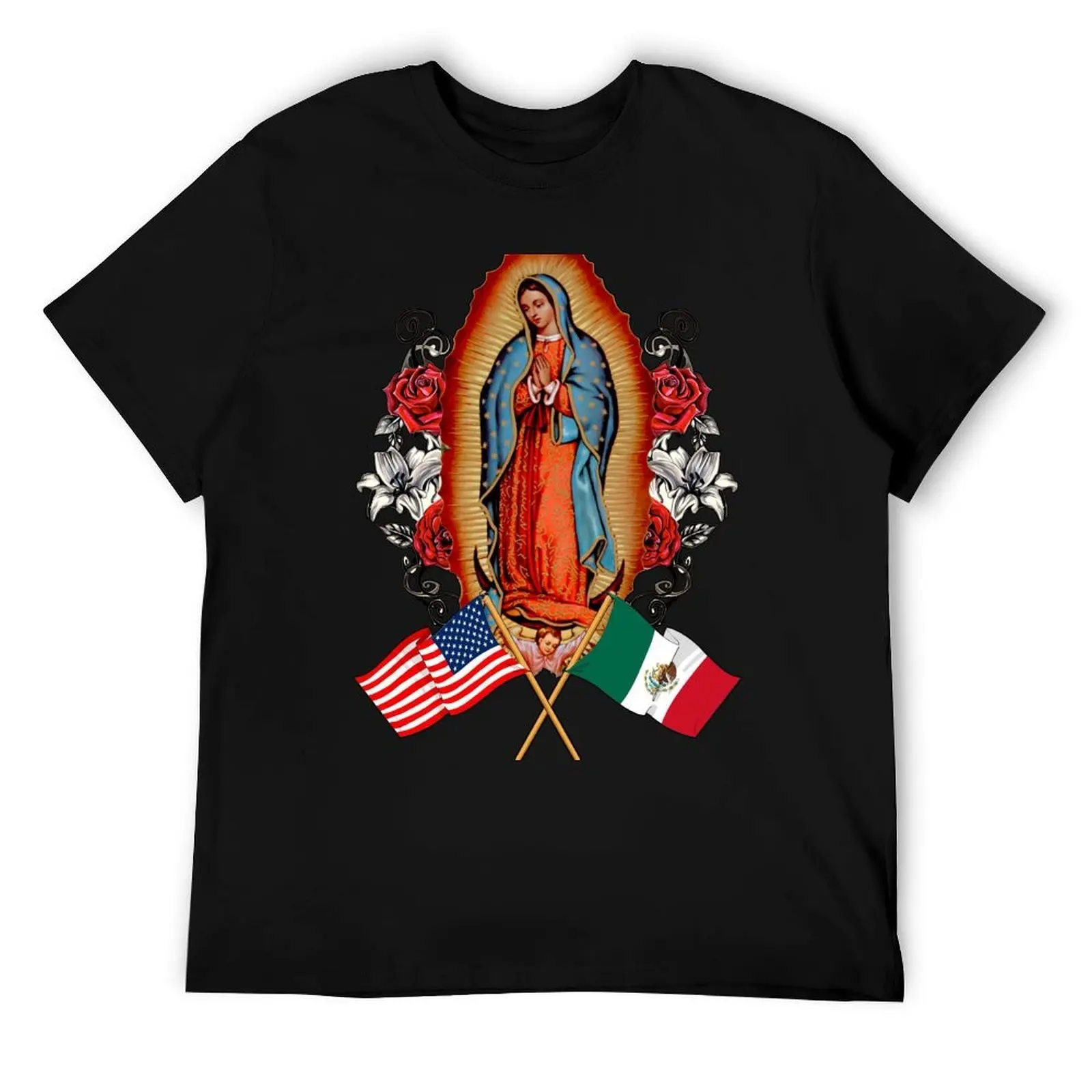 

Our Lady Virgen De Guadalupe Mexican American Flag T-Shirt t shirts for man pack cotton t shirt man plain T-Shirt
