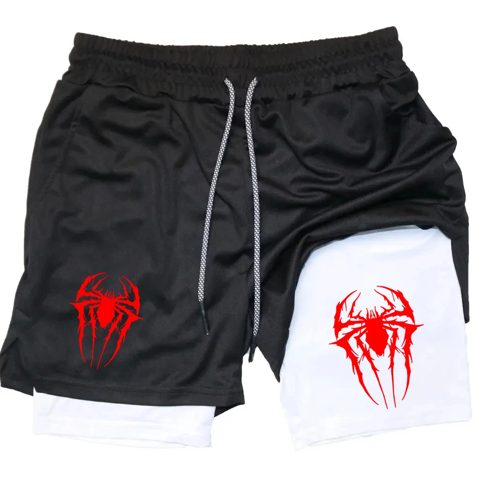 Spider Print 2 in 1 Performance Shorts for Men Gym Workout Running Shorts with Phone Pocket Towel Loop Sport Athletic Shorts