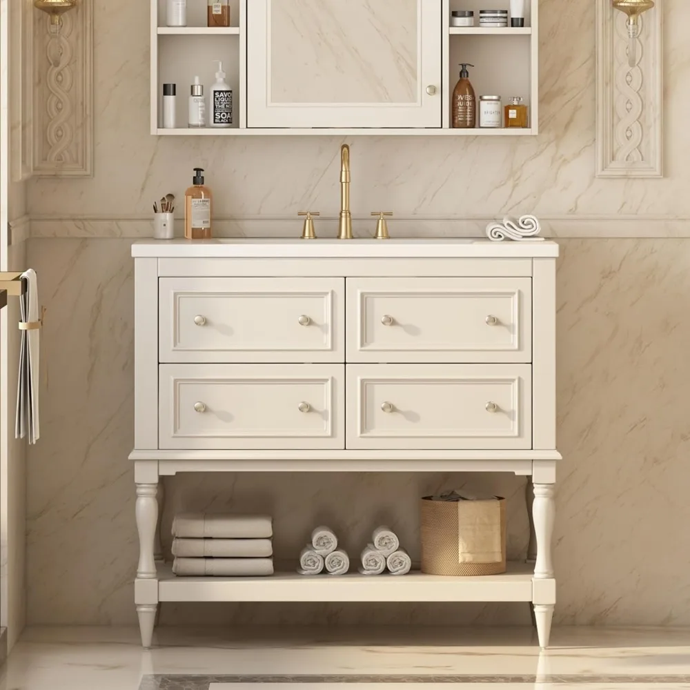 36 Inch Bathroom Vanity, Courtly Style With Sink, Four Drawers Open Shelf, Single Undermount Vanity
