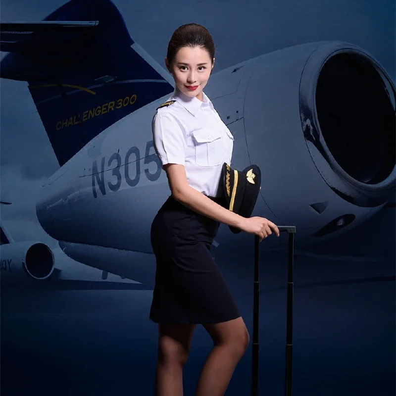 Uniforme da capitano Camicia da donna gonna set abito da assistente di volo uniforme femminile pilota dell'aviazione civile manica corta performance cosplay