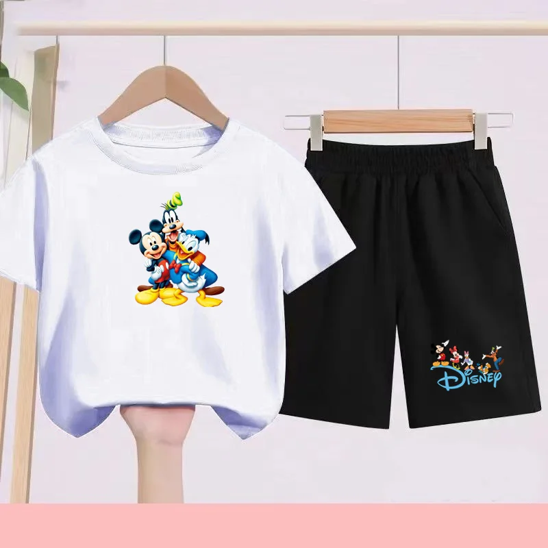 

Children Disney Print Short-sleeved Summer Clothing Boys Girls Trendy Simple T-shirt +Shorts Casual Costume Round Neck Tops Sets