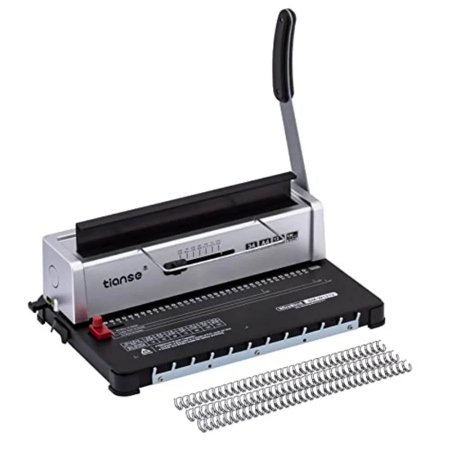 

Wire binding machine for office use, metal construction, black, punches 120 sheets and binds 12-sheet books with 34-square-hole
