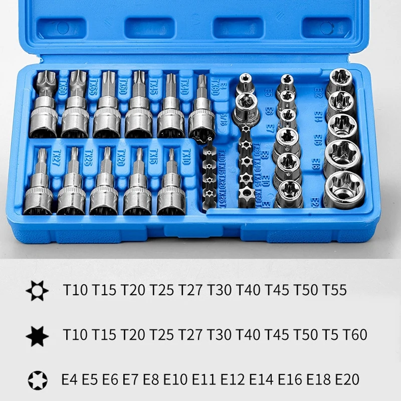 Professional 34pcs Torx Bit Socket & E-Torx Star Socket Set 1/4