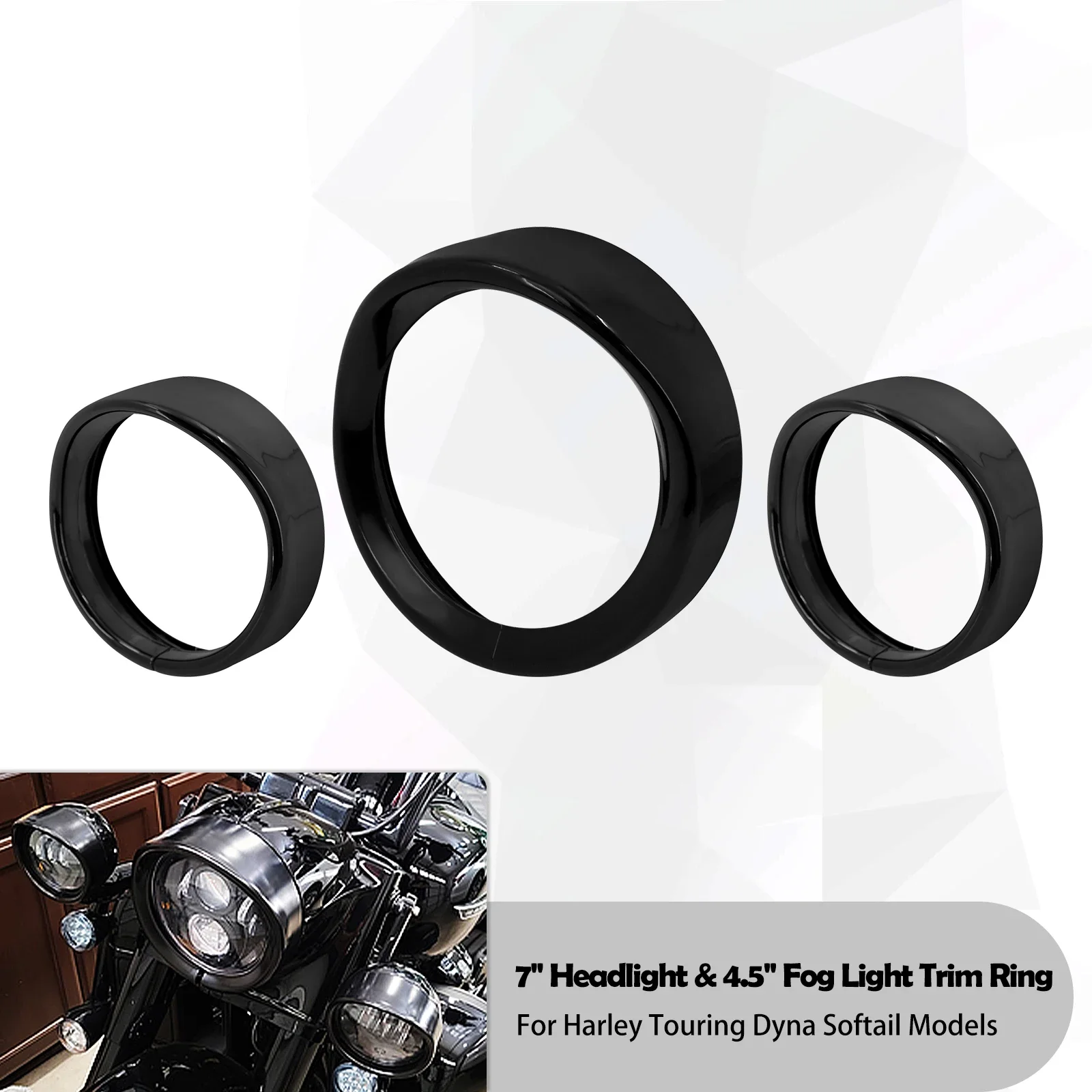 Motorrad glänzend schwarz 7" LED Scheinwerfer Lünette Visier 4,5" Nebelscheinwerfer Zierring für Harley Touring Electra Street Glide Softail FLHR