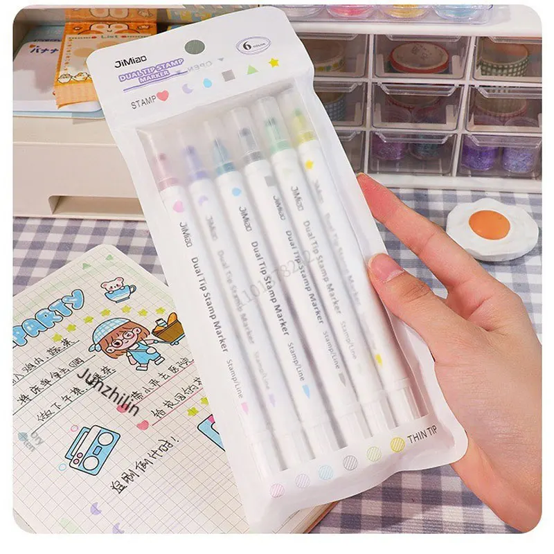 6 Colors Stamp Double Headed Art Markers Highlighter Pen Star/Heart/Moon/Drop/Square for Scrapbook Diary Poster Christmas Card