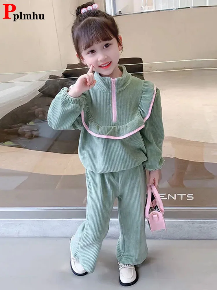 Girls Corduroy Lotus Leaf Conjuntos Half Zipper Stand Collar Children Tops Baggy Straight Pants Outfit Sweet Kids 2 Piece Sets