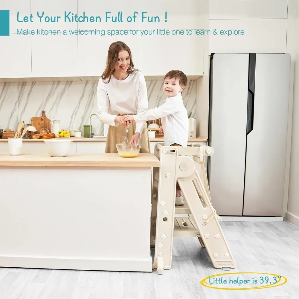 

Collapsible Montessori Learning Standing Tower for Toddlers, Foldable Toddler Kitchen Stool Helper, Adjustable Plastic Kids Chi