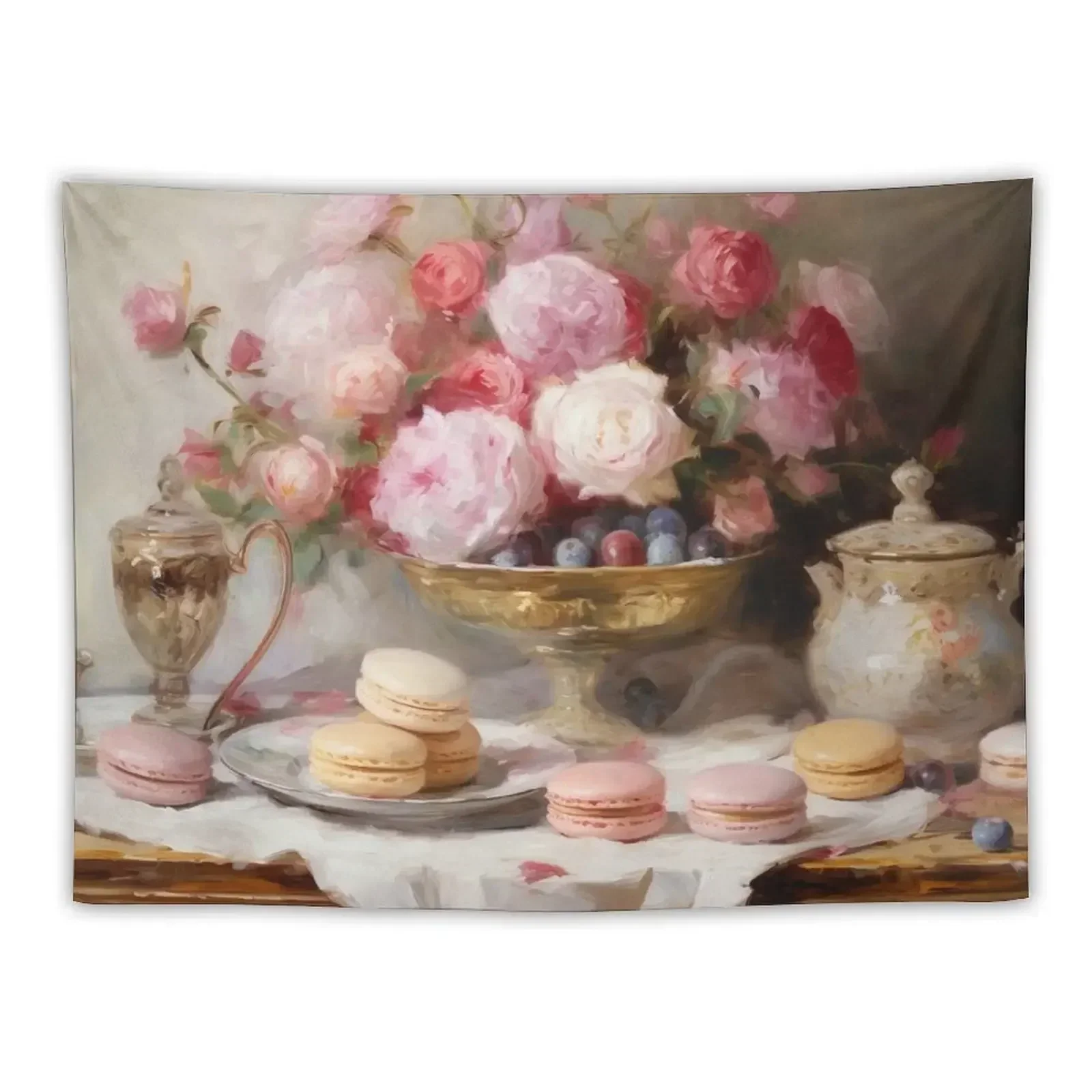 Coquette aesthetic vintage painting of a nature morte with macaroons Tapestry Room Decor Aesthetic Tapestry