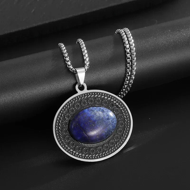 Retro Ethnic Style Oval Blue Gemstone Stainless Steel Pendant Necklace Women\\\'s Fashion Charm Hip-Hop Casual Jewelry