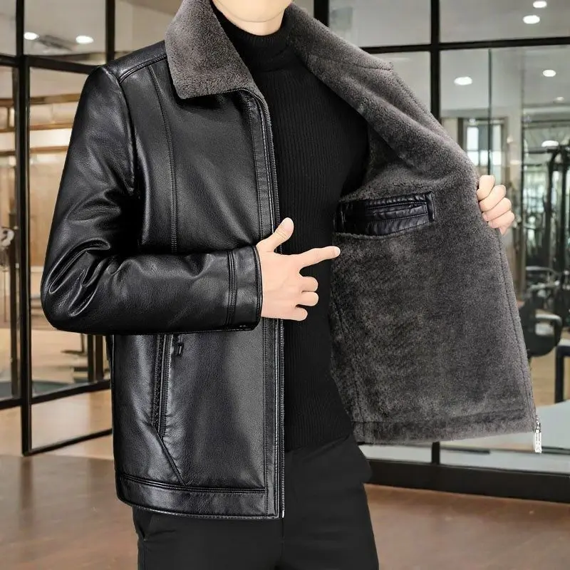 Autumn Winter Men's Leather Turn Down Collar Fleece Lined Jacket Cold Proof Thickened Warm Short Jacket Coat