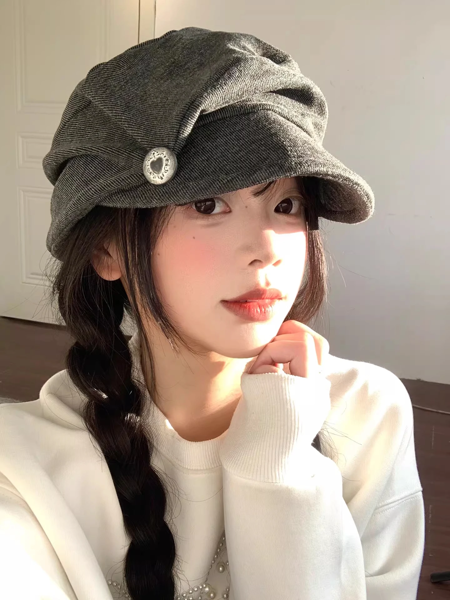retro-pleated-beret-hat-women's-autumn-winter-japanese-style-versatile-face-slimming-octagonal-hat-large-head-size-art-painte