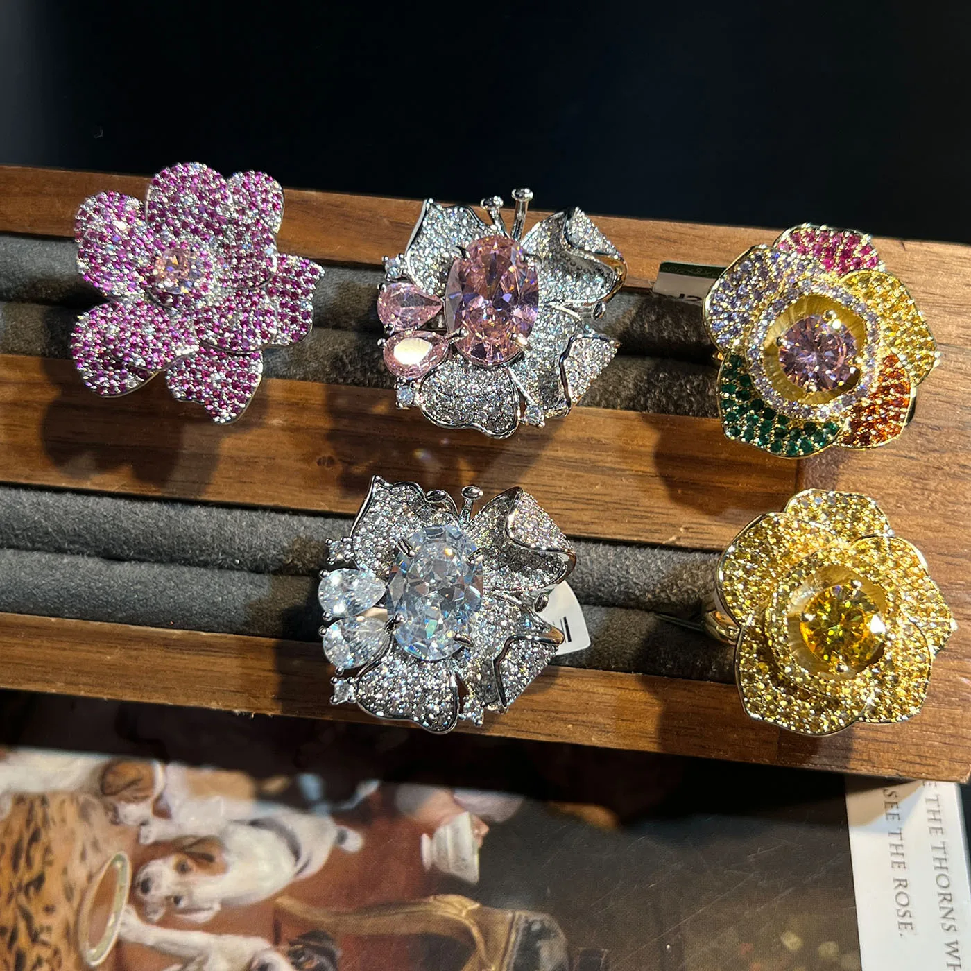 

luxury cubic zirconia flower ring for women sparkling opulent jewelry yellow pink petals ring gala event party gift