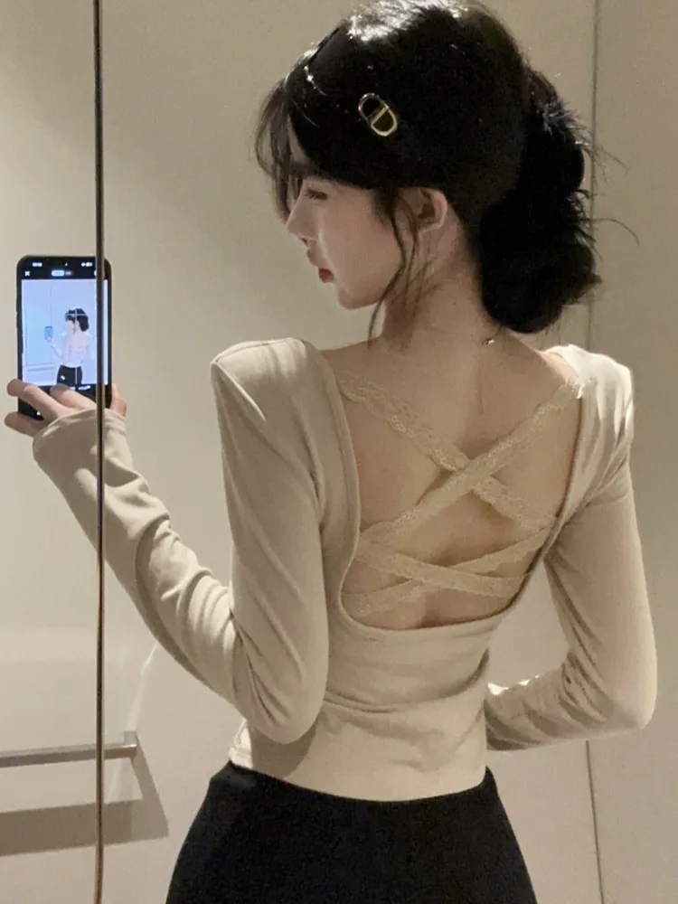 Korean Style Long Sleeve T-Shirt Women's Summer Design Lace Cross Back Pure Desirable Versatile Square Collar Top