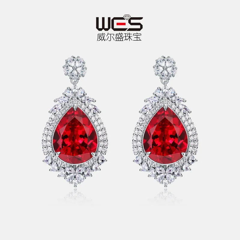 18K Gold Earrings Red and Blue Colored Baby Stone PT950 Platinum Diamond Earrings Light Luxury and Noble