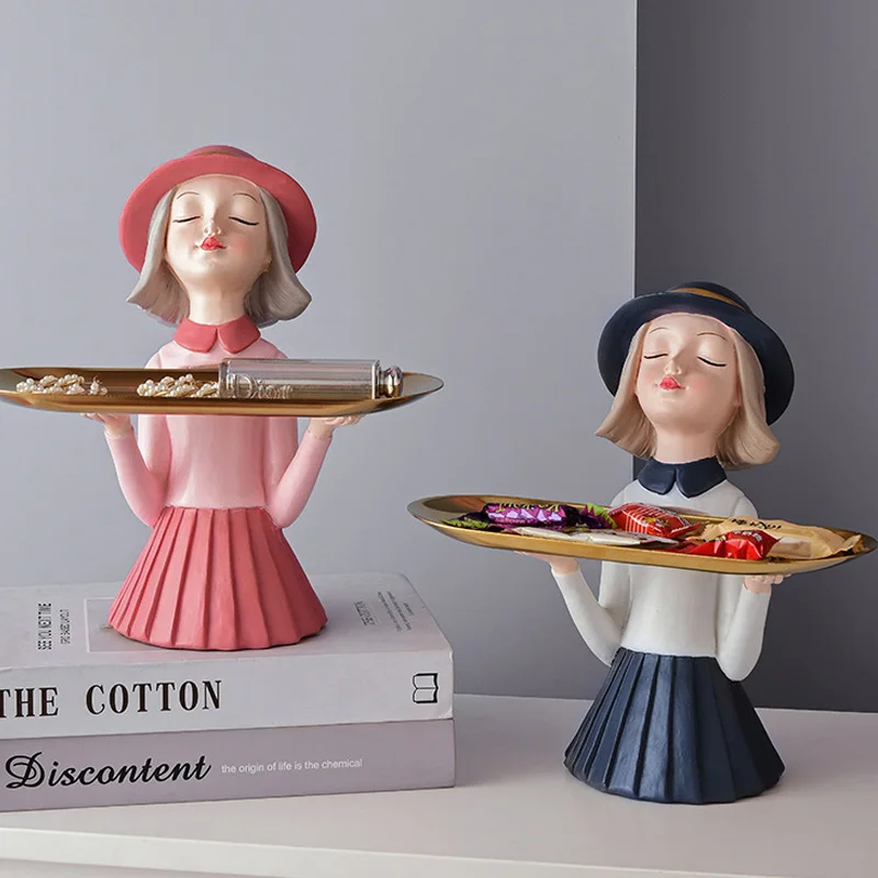 

Nordic Light Luxury Bubble Girl Home Craft Decoration Living Room Entrance Key Storage Tray Resin Figurines Housewarming Gifts