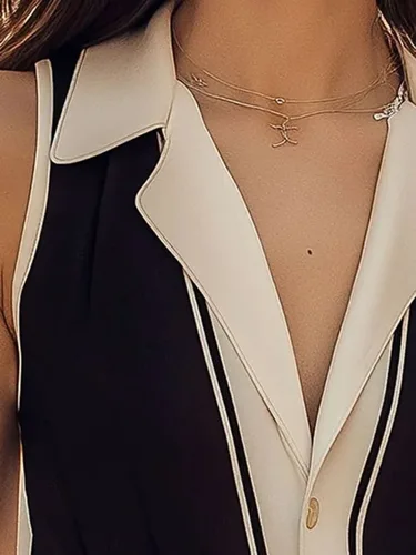 Imagen 2 del producto Bonboho Blusa y camisa sin mangas con cuello entallado en blanco y negro para mujer Camiseta de punto con botones de color en contraste Chaleco elegante Tops