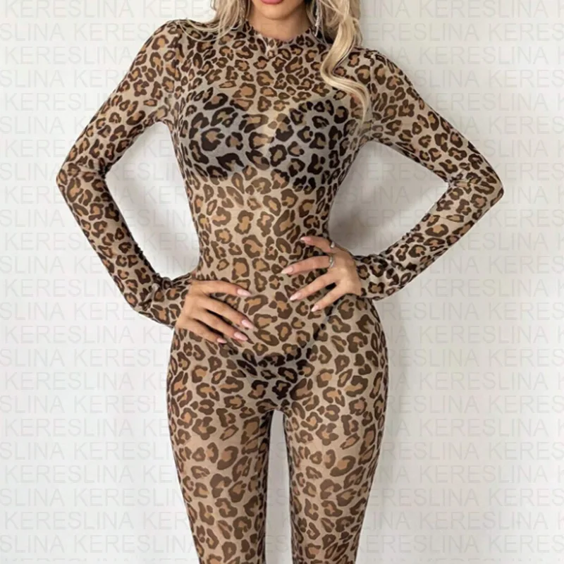 

Y2k new ins European and American long sleeved tight jumpsuit cross-border semi transparent sexy mesh leopard print jumpsuit