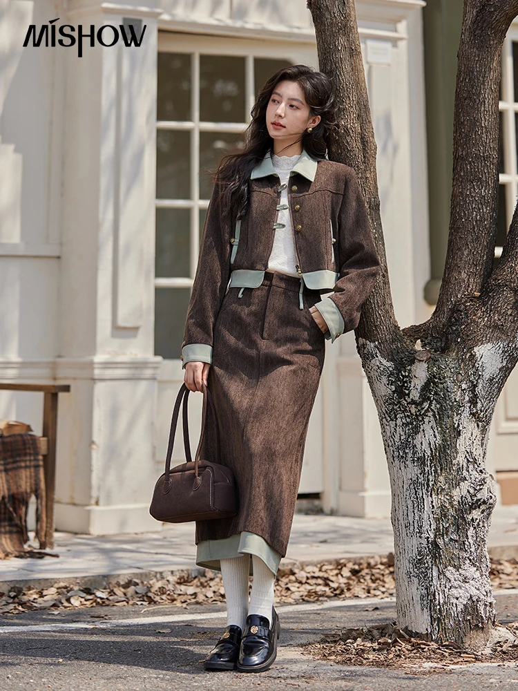 MISHOW Fragrant Jacket Rear Hem Slit Skirt Separately 2024 Winter Lapel Jackets Splicing Contrasting Leather Skirts MXD43W0444