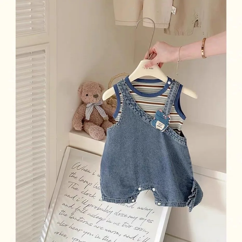 

Baby Denim Romper Set - Sleeveless Vest + T-Shirt, Soft Summer Outfit for Infants, 1st Birthday Clothes